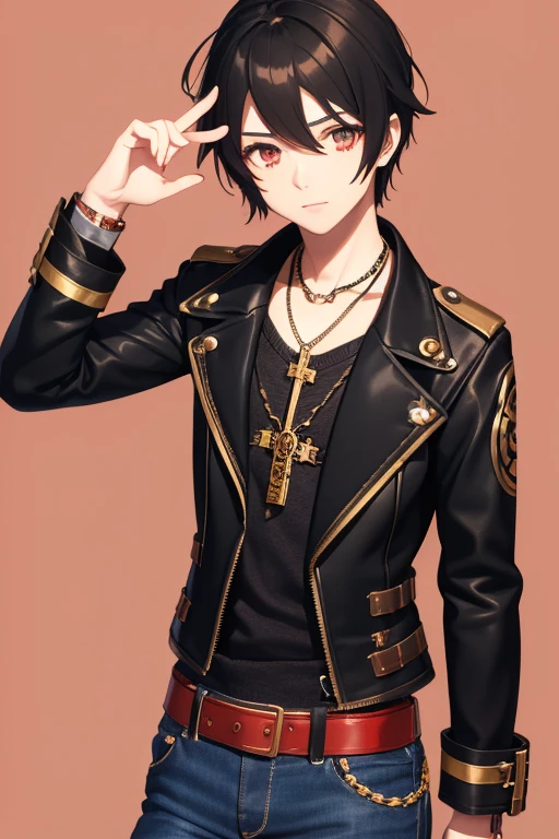 V Flower Vocaloid 16 year old boy Black hair Steampunk with brown eyes Black open denim jacket Red shirt Blue jeans Gold cross necklace looking directly at viewer on a light red background