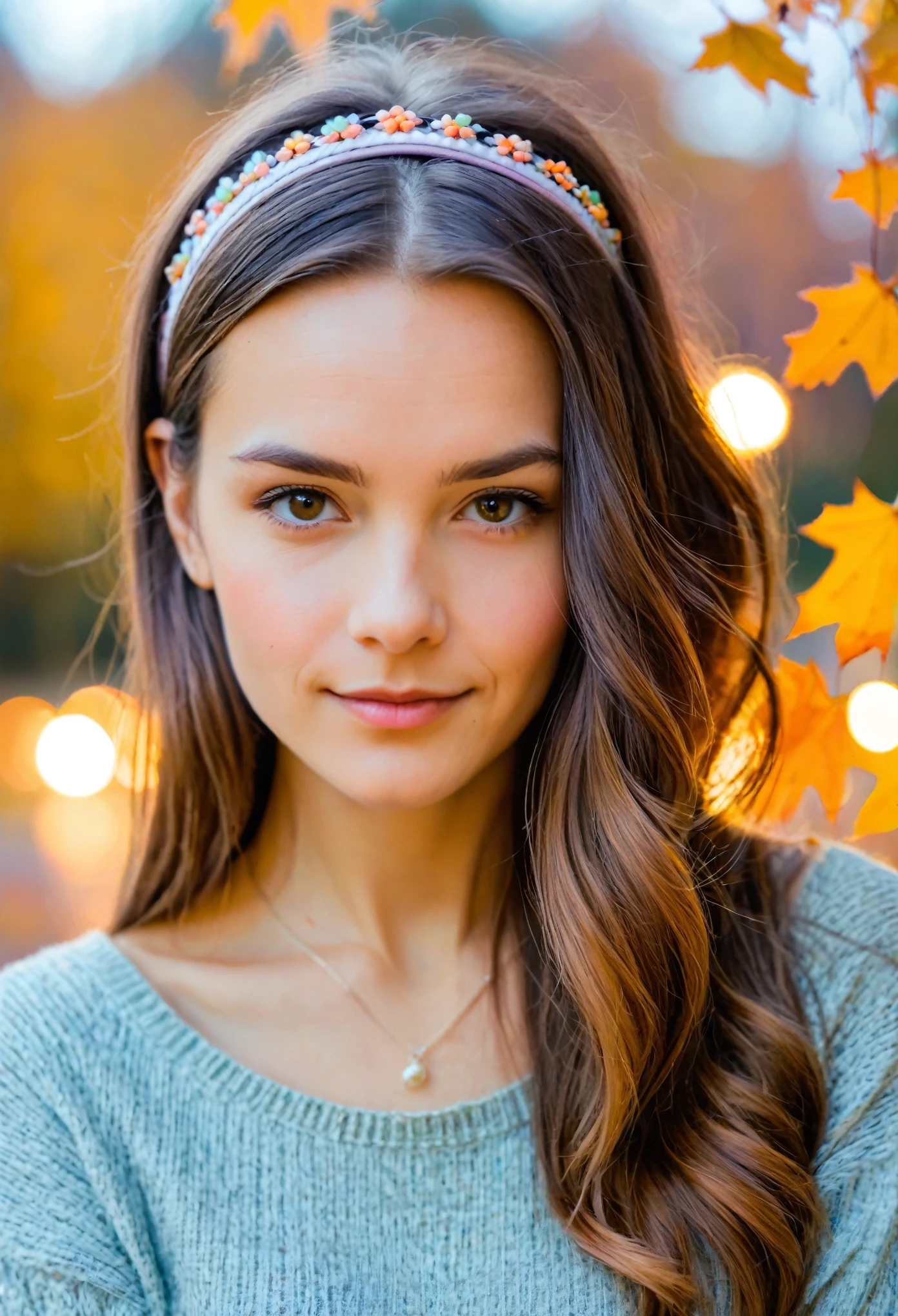 photo of a beautiful woman looking at the camera, shoulder, hair bands, Half-length portrait, pastel colours, autumn lights