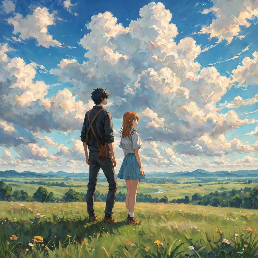 anime, anime landscape, beautiful hair, boyfridend girlfrien sweet, looking at clouds, in a grassland, creative, realist, white clouds, blue sky, landscape amazing, guy looking away from camera, wide photo