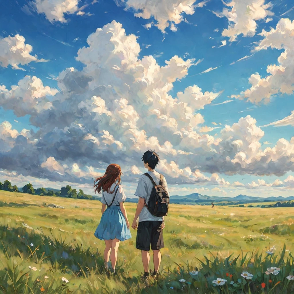anime, anime landscape, beautiful hair, boyfridend girlfrien sweet, looking at clouds, in a grassland, creative, realist, white clouds, blue sky, landscape amazing, guy looking away from camera, wide photo