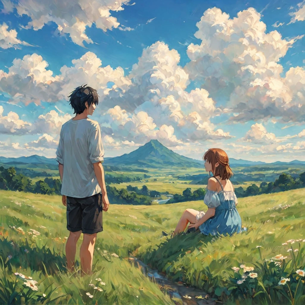 anime, anime landscape, beautiful hair, boyfridend girlfrien sweet, looking at clouds, in a grassland, creative, realist, white clouds, blue sky, landscape amazing, guy looking away from camera, wide photo