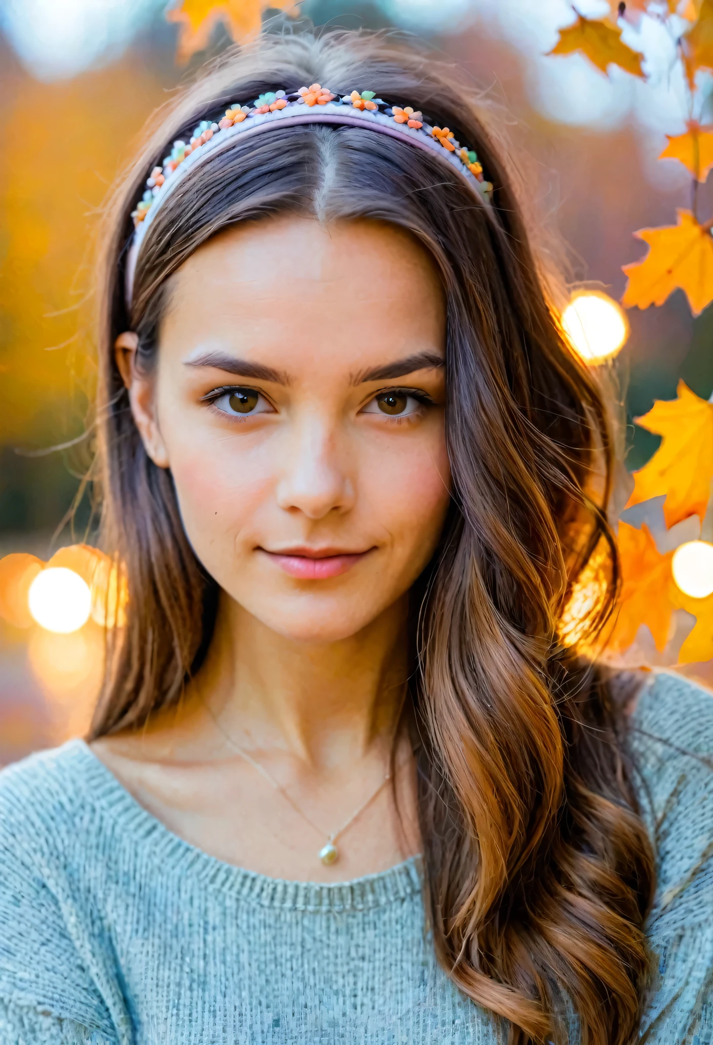 photo of a beautiful woman looking at the camera, shoulder, hair bands, Half-length portrait, pastel colours, autumn lights