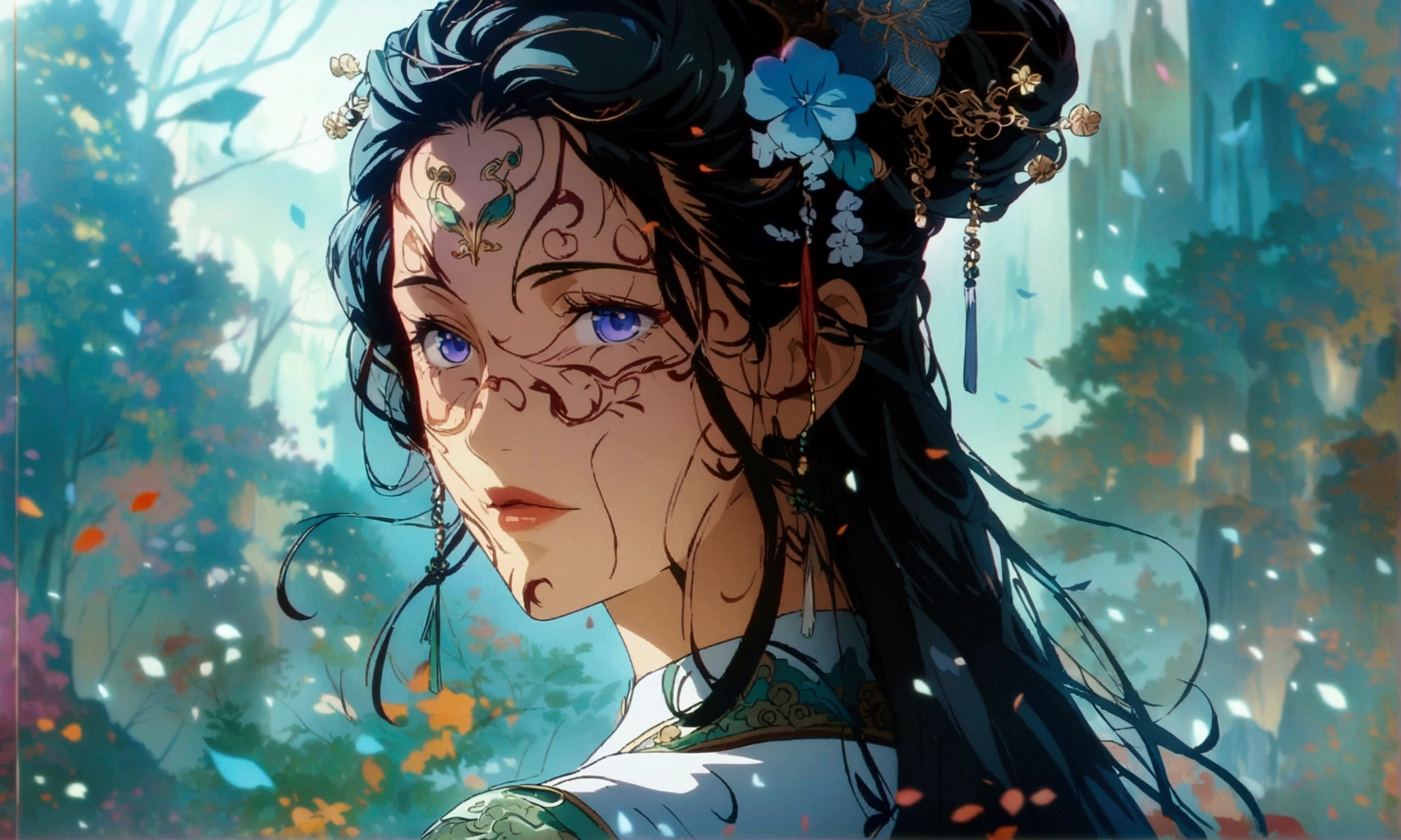 Young Chinese woman, long light blue hair, light blue eyes, Chinese hair ornaments, white Chinese clothing with green accents, "Anime character design inspired by One Piece, full of dramatic and impressive lighting, focus on the centralized character, impressive face, full of creative details, 4K ultra-fine design, scenery bathed in creativity, boasting 2D anime resolution clarity, HD anime graphics, high-octane rendering"