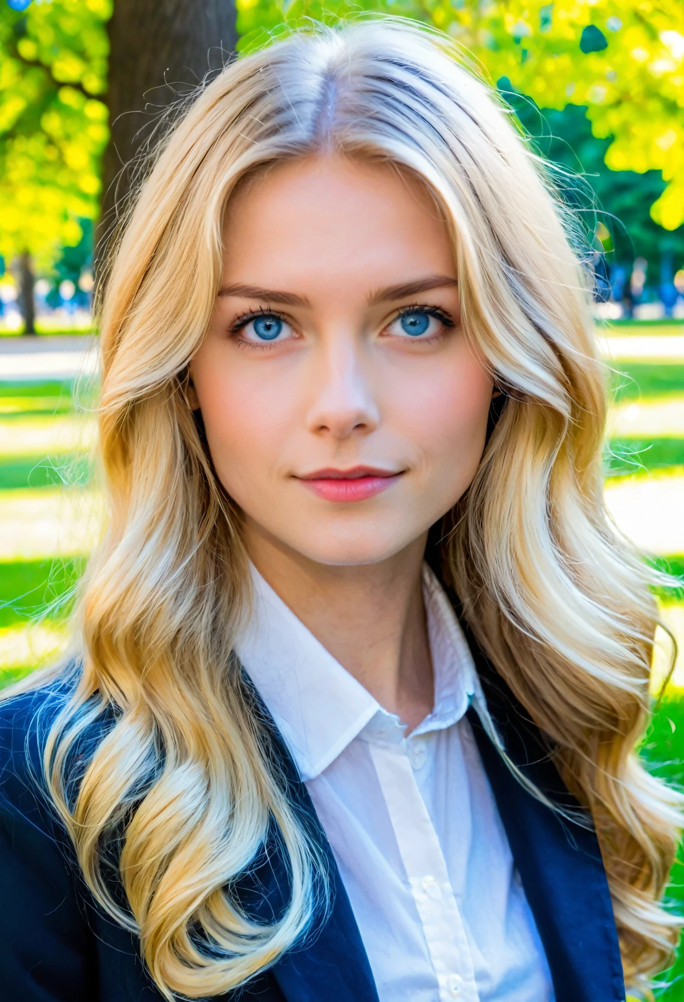 Pretty beautiful blonde, in a park, Very detailed, 22 years, innocent face, long wavy blonde natural hair , blue eyes, High resolution, boss&#39;artwork, Best Quality,intricate details, Very detailed,sharpness, detailed skin,realist skin texture,texture, detailed eyes, professional, 4k, charming smile, shot with cannon, 85mm,shallow depth of field,Kodak Vision Color, perfectly fitted body, extremely detailed, Photo_\(ultra\), Photorealist, realist, Post treatment, maximum detail, roughness, real life, ultra realist, Photorealism, la Photographie, 8k hd, la Photographie, Colossal tits, huge butt, Good shape, whole body,