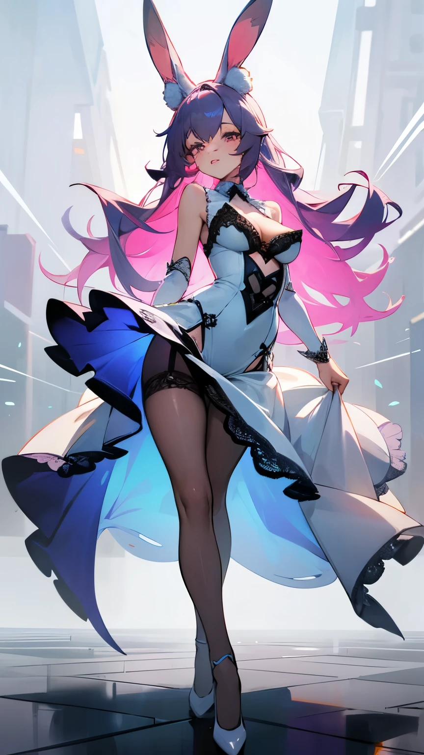 a beautiful bunny girl, modern world, Fluffy , highly detailed clothing, narrow pupils, full body shot, sexy, Bunny Ears , woman, great shapes, dynamic art, Rabbit Tail Girl, Modern Clothes, City, Bright Colors, sexy, woman, Woman hare, sexy, bright colors, rabbit, Strict rabbit girls, acidity, Lace Clothing, Lace Lingerie StyleLace Clothing, Lace Lingerie Style, Lace clothes, flying fabrics, dynamics, Sheer dress, sheer dress, Floor-length dress, adult rabbit woman