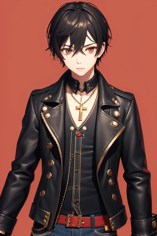 V Flower Vocaloid 16 year old boy Black hair Steampunk with brown eyes Black open denim jacket Red shirt Blue jeans Gold cross necklace looking directly at viewer on a light red background