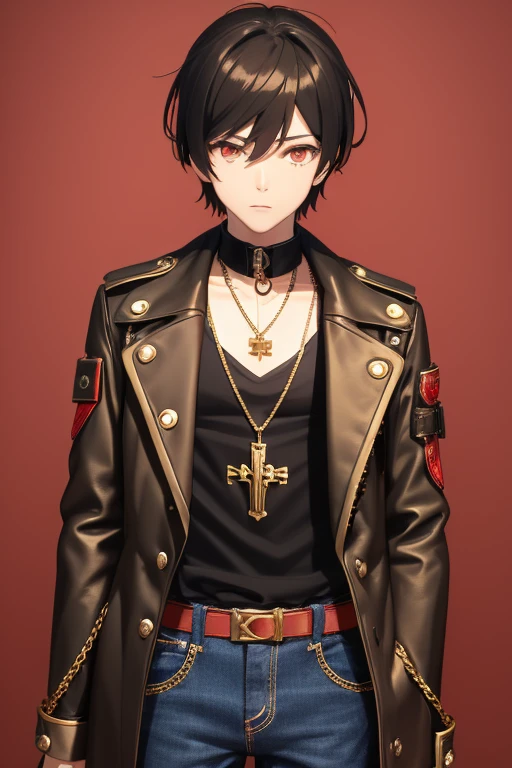 V Flower Vocaloid 16 year old boy Black hair Steampunk with brown eyes Black open denim jacket Red shirt Blue jeans Gold cross necklace looking directly at viewer on a light red background