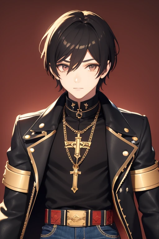 V Flower Vocaloid 16 year old boy Black hair Steampunk with brown eyes Black open denim jacket Red shirt Blue jeans Gold cross necklace looking directly at viewer on a light red background