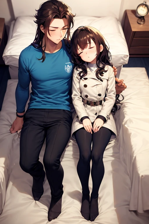 ((best quality)), ((masterpiece)), (detailed), a couple, a boy and a girl, 1 boy, full body, 19 years old, brown hair with white tips, somewhat long hair, bangs, green eyes, sleeping, tall and thin, thin, long beige trench coat, open trench coat, black fingerless gloves, white wristbands, white t-shirt with blue I-shaped emblem, letter I, black pants, 1 girl, full body, 19 years old, young adult, somewhat short, purple eyes, brown hair, somewhat wavy hair, long hair, lock of hair on forehead, asleep, blushing, scientist's coat, blue shirt, black pants, sitting on the floor, sleeping on the boy's shoulder, romantic moment, bedroom background, anime