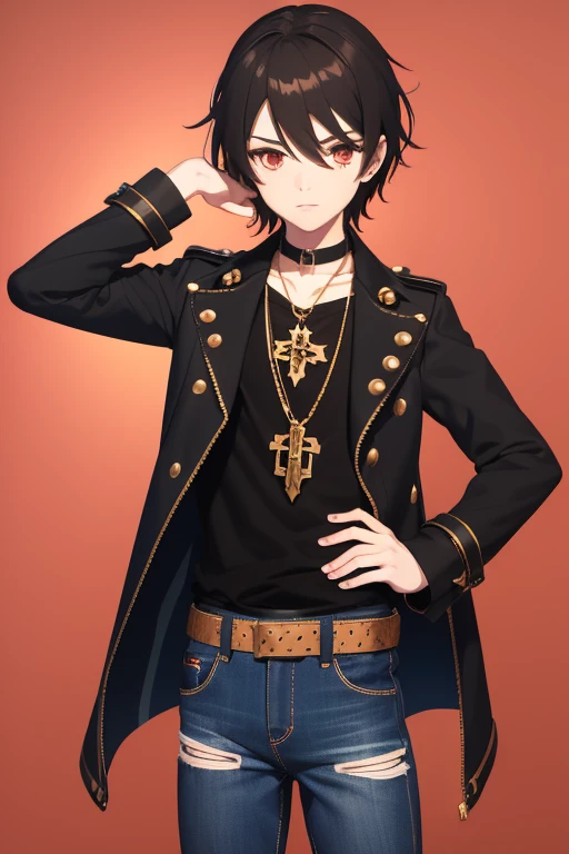 V Flower Vocaloid  boy Black hair Steampunk with brown eyes Black open denim jacket Red shirt Blue jeans Gold cross necklace looking directly at viewer on a light red background