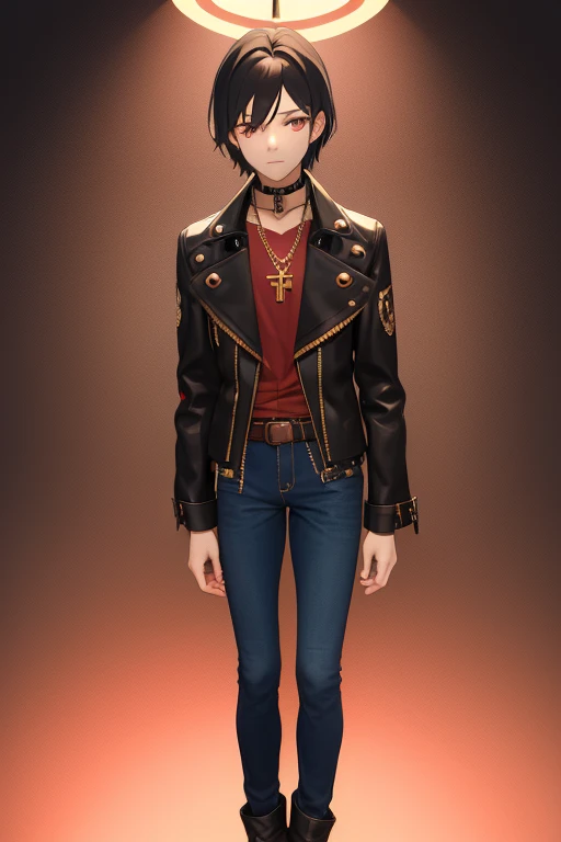 V Flower Vocaloid 16 year old boy Black hair Steampunk with brown eyes Black open denim jacket Red shirt Blue jeans Gold cross necklace looking directly at viewer on a light red background
