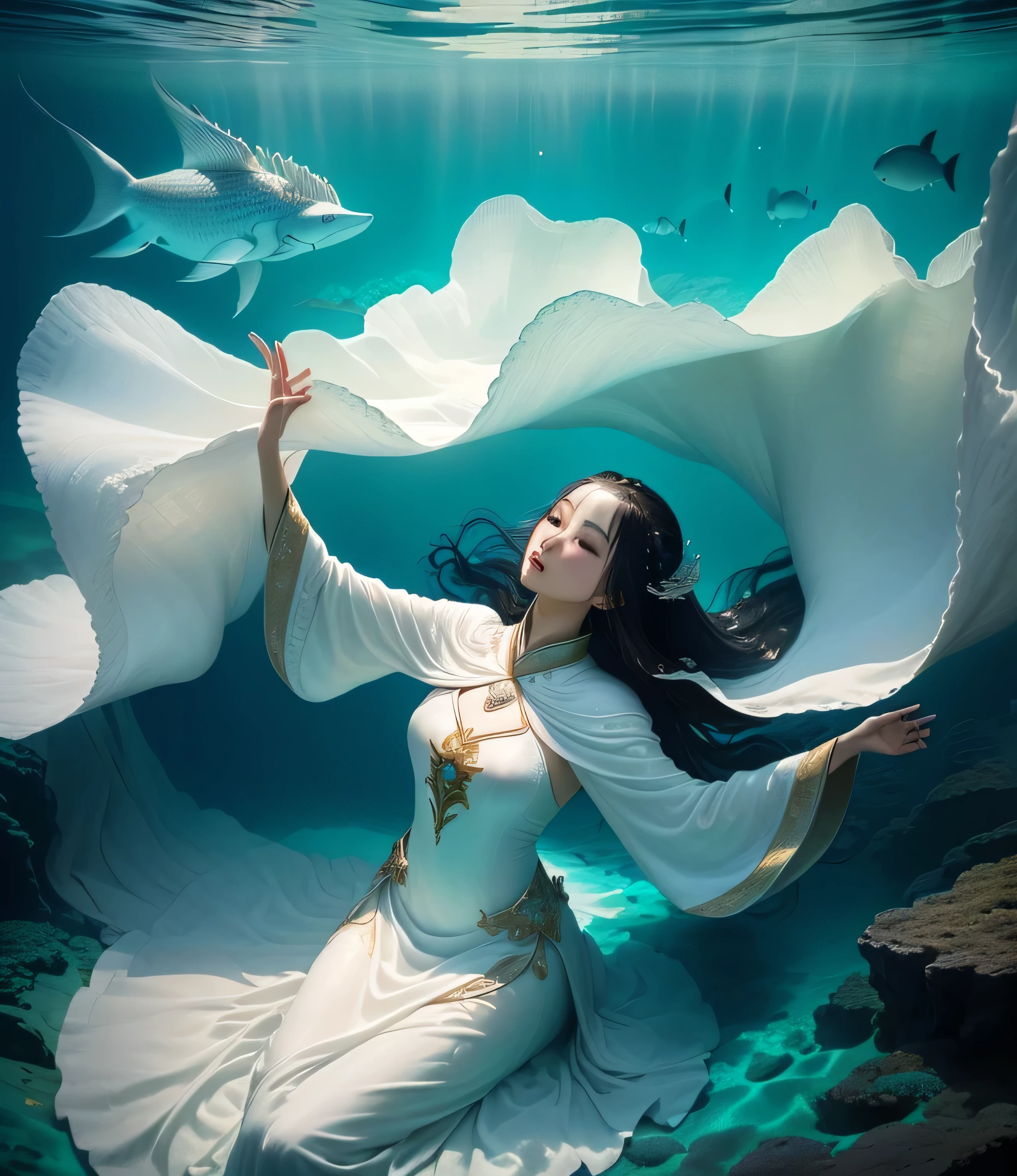 Wearing a white dress、Underwater Arav woman in white cloak, Portrait of woman underwater, Queen of the Sea Mu Yanling, closeup fantasy with water magic, Floating underwater, Floating underwater in the lake, Inspired by Tang Yin, Sitting on an underwater throne, Underwater photos, Underwater photosgraph, Underwater photosgraphy, A true queen of the sea