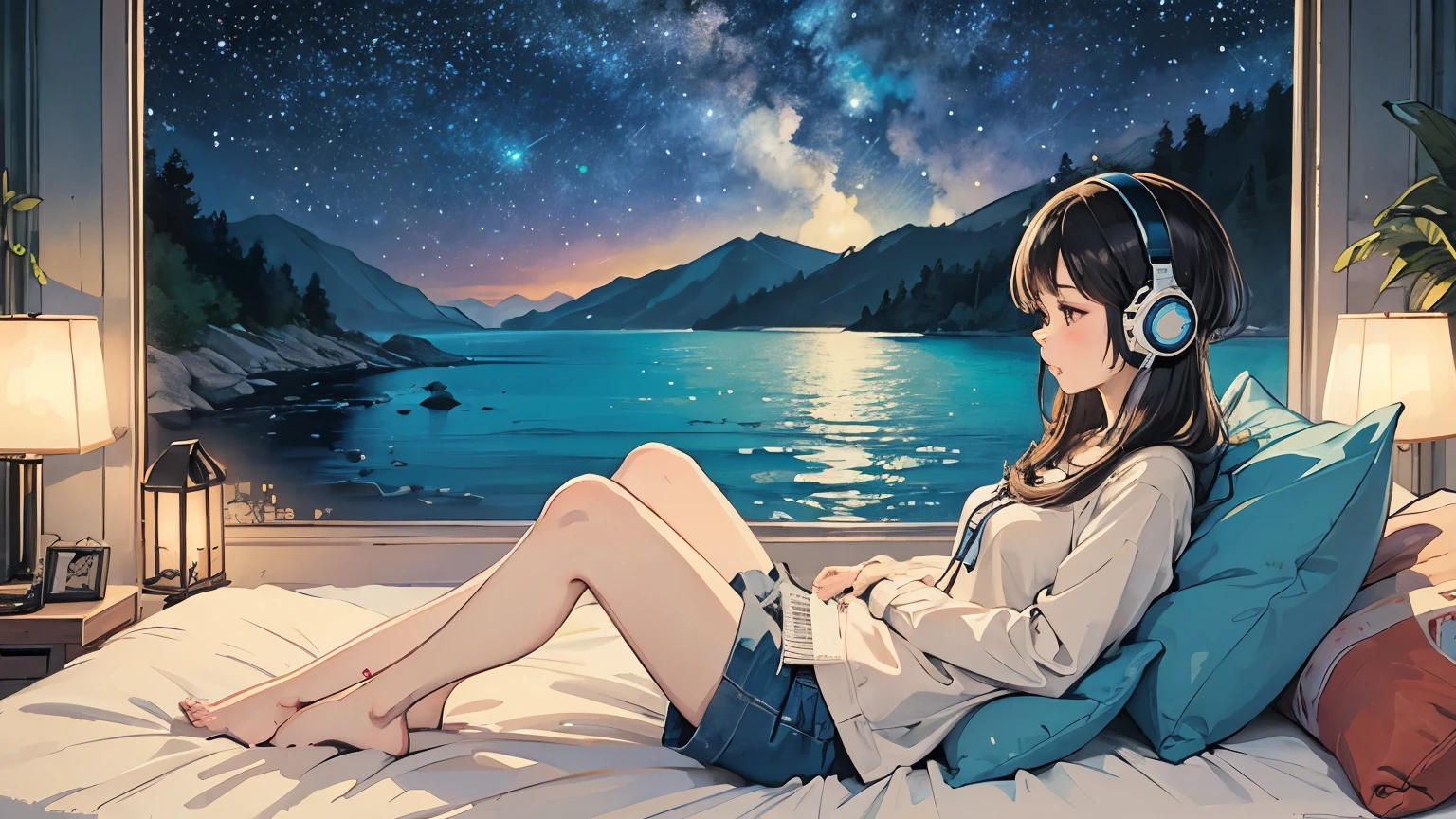 Bob Girl, Wear headphones, Urban Bed, Starry Sky, Enjoy the tranquility of lo-fi music,The background is the sea