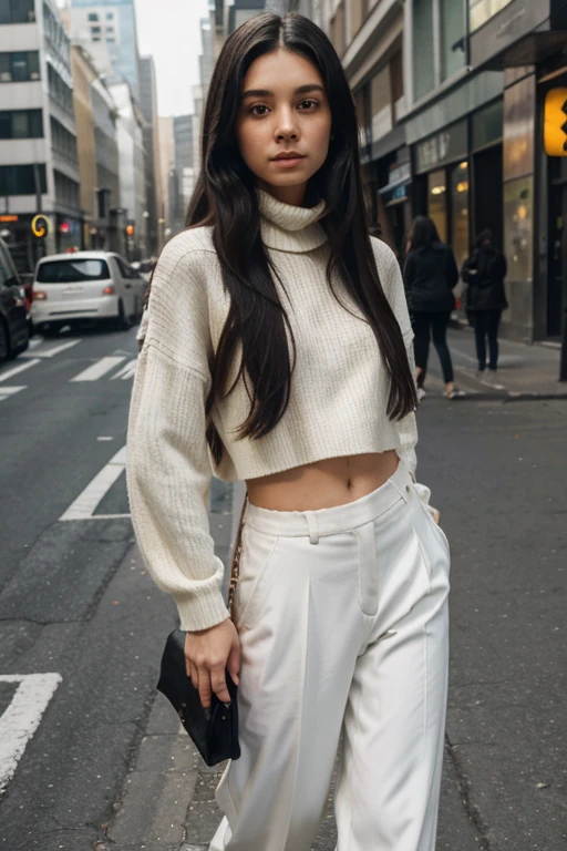 High quality, girl with black Long hair wear brown turtle neck blouese with long white pants in the middle of city