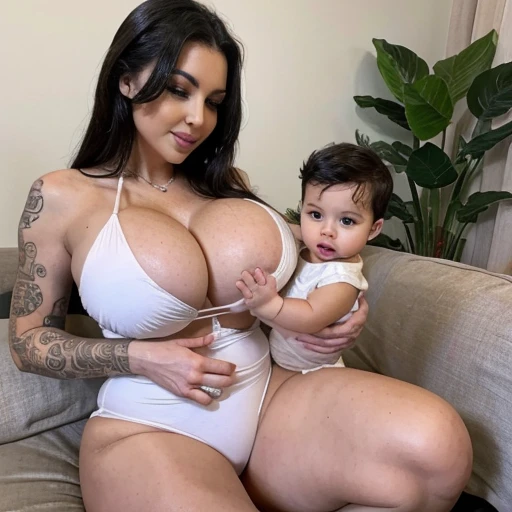 Sexy white bimbo and a little black newborn baby..... 