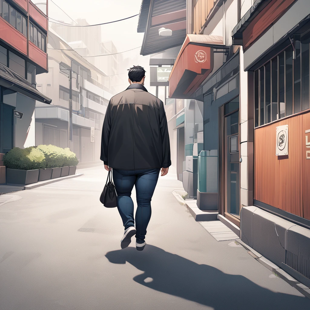 masterpiece, best quality, very aesthetic, absurdres,1boy,male focus,21 old refresh sporty handsome man,illustration,middle muscler,plump and fat body,wearning casual coat and skirt over pants,college age, spiked short hair, short bangs, buzzcut, composition in which a person is walking toward you from a distance, Mainly background, walking from a distance, position slightly to the right distance, short bangs, back ground is realstic cofe and street, look to right area, japan anime style