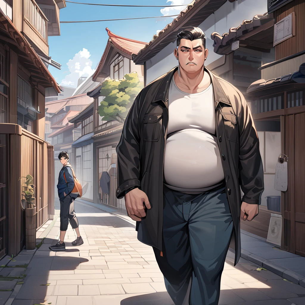 masterpiece, best quality, very aesthetic, absurdres,1boy,male focus,21 old refresh sporty handsome man,illustration,middle muscler,plump and fat body,wearning casual coat and skirt over pants,college age, spiked short hair, short bangs, buzzcut, composition in which a person is walking toward you from a distance, Mainly background, walking from a distance, position slightly to the right distance, short bangs, back ground is realstic cofe and street, look to right area, japan anime style