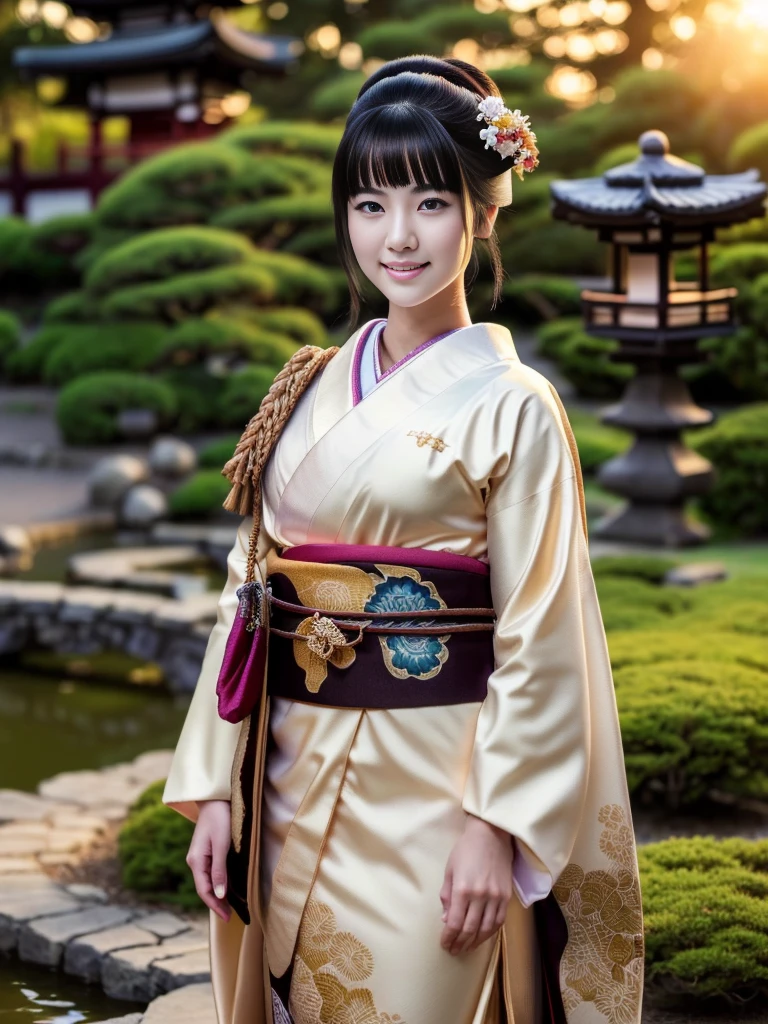 Front view , ((Full-body, standing on garden), a Japanese ancient girl, looking at viewer, beautiful Japanese Young General, girl is 20 years old, (Highly detailed face, Black hair ,Brown eye, Variegated eyes, Fuller lips, little Lips, little smile), (middle breasts, middle hip), (Japanese kimono, flower pattern), standing in Japanese Palace, near Garden, sunset ,(masterpiece, Highest quality, masterpiece, God-like quality, Godly art, , Very realistic)