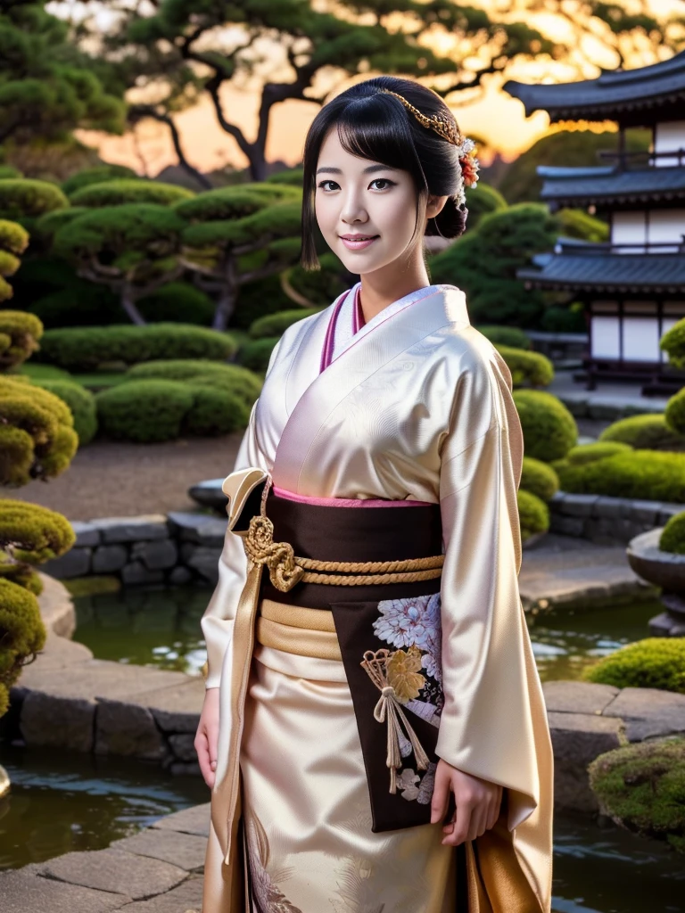 unparalleled masterpiece ever, Ultra realistic 8K CG, Perfect Artwork, (NSFW), 1girl in, Beautiful bewitching woman、Music is playing、Dance poses to the rhythm、happiness、blissful、kindly smile、rikka、Feeling fulfilled、Realistic texture、Slim body, Narrow waist, chinese deity, Looking at Viewer, ((Perfect female figure)), Black hair, Black eyes, enchanting posture, Sexy Pose, enticing, clean, Beautiful face, Pure face, pale skin, length hair, (Huge breasts, Breasts out, puffies ), Shiny skin, Skindentation,(Rich:1.5), (Highly detailed 8K Japan kimono and silk long garments and dresses:1.5), Delicate pattern, intricate detailes, The background is a samurai residence in the Edo period、Blur background、
