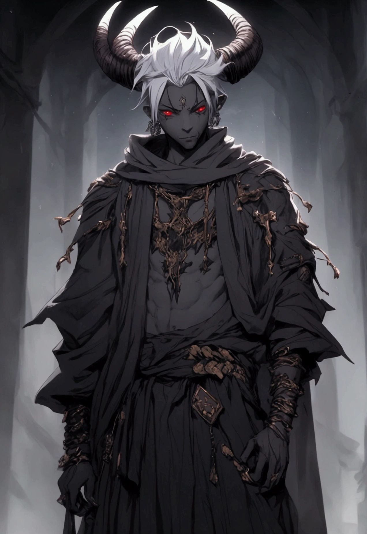 1 male demon with gray colored skin with very thin blood horns starting from the forehead, ((hair looking)) ((with baggy clothes style oriental rpg world)) (perfect human eyes) work of art, best qualityer, (full viwer), bottom clean.