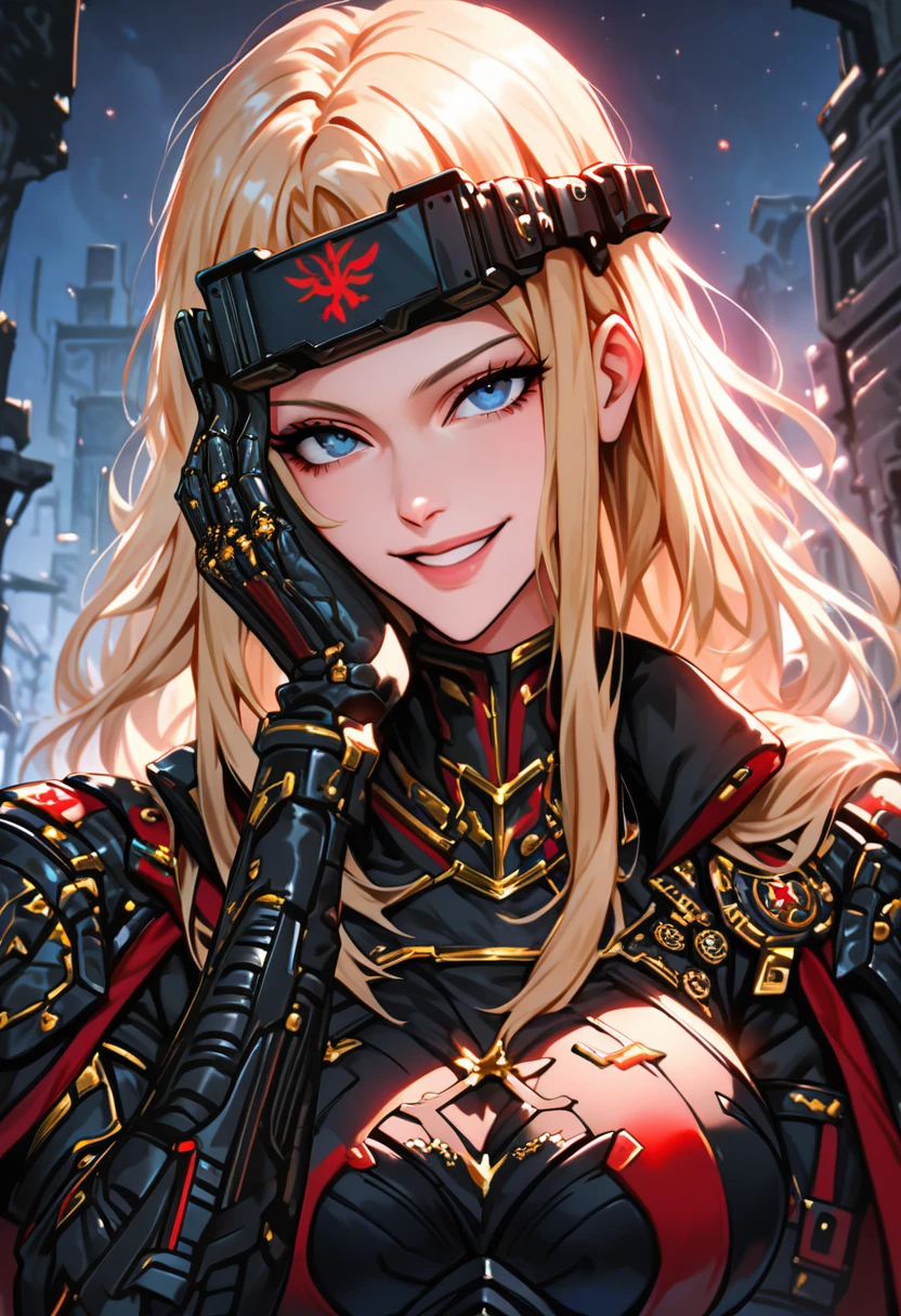 solo, female, huge woman, extremely tall woman, blue eyes, blonde, long hair, black uniform, ((black armor)), black cape, gold trim, red trim, muscular, ruins, smile, one hand on face, yandere pose, baggy breeches, broad shoulders, night, looking at viewer, futuristic, head-mounted display, night combat, assault rifle, camouflage