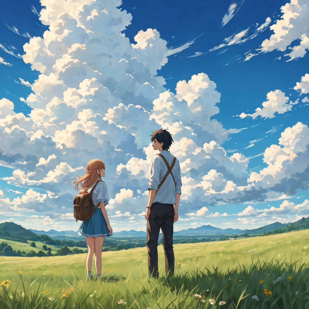 anime, anime landscape, beautiful hair, boyfridend girlfrien sweet, looking at clouds, in a grassland, creative, realist, white clouds, blue sky, landscape amazing, guy looking away from camera, wide photo