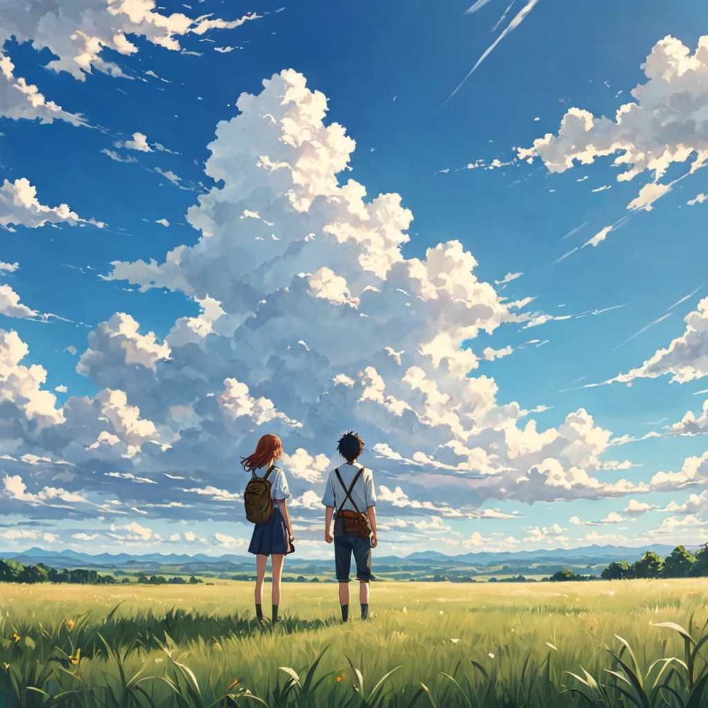 anime, anime landscape, beautiful hair, boyfridend girlfrien sweet, looking at clouds, in a grassland, creative, realist, white clouds, blue sky, landscape amazing, guy looking away from camera, wide photo