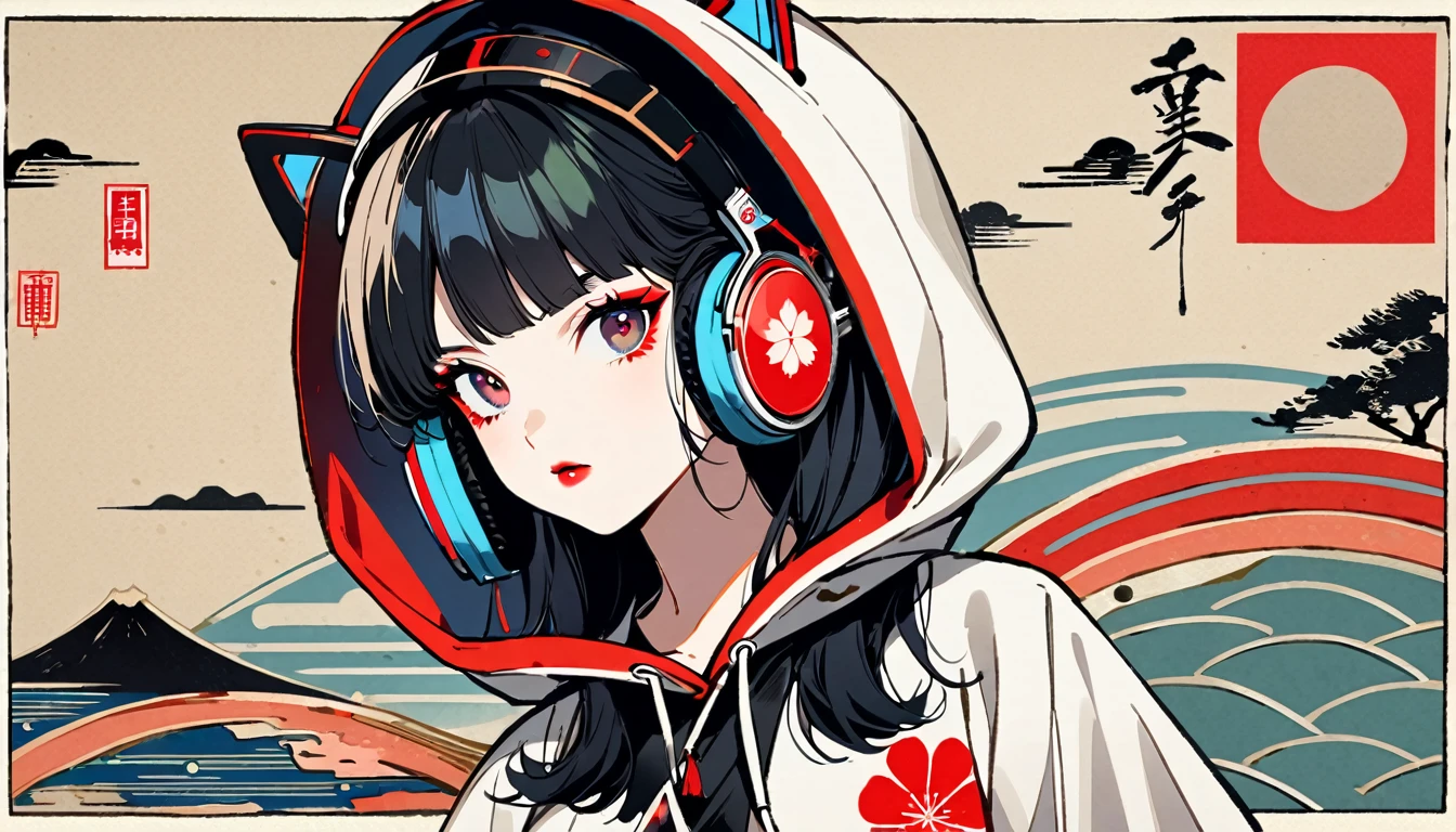 (((1 girl))), (((Ink Painting))), (((high angle shot))), (((Flashy makeup))), (((Japanese style headphones))), (((Japanese pattern hoodie))), (((Put on the hood))), Japan人の少女, Black Hair, Modern ukiyo-e style,Japan, Japanese flag, vivid color