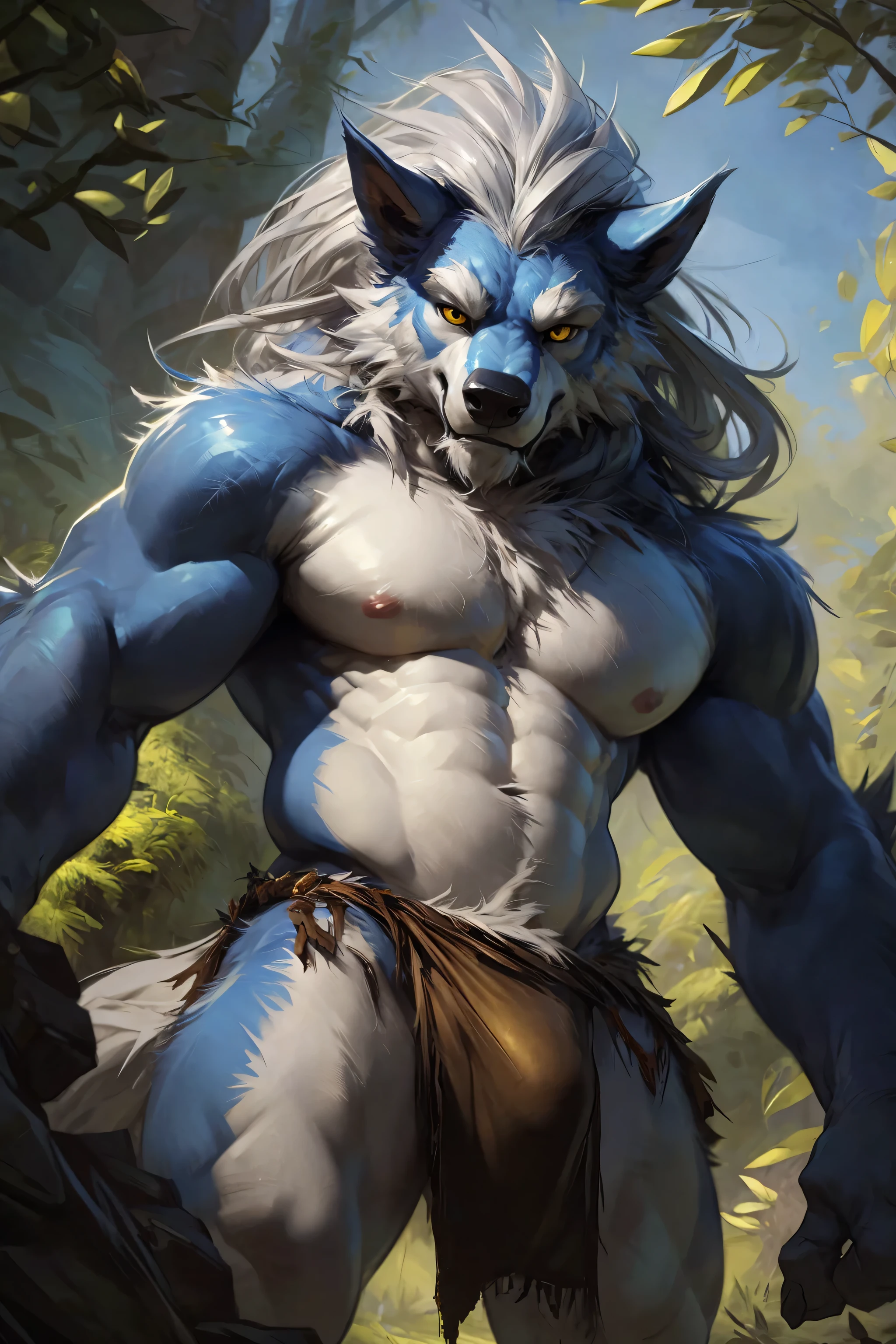 ultra-detailed, masterpiece, masterwork, high quality, best quality, hdr, posted on e621, (by darkgem), (nature), nsfw, male, solo, chibi, (blue little body werewolf), werewolf, (long silver hair, yellow eyes, white body, long muzzle), standing, under view, dynamic angle, (nude, bulge loincloth)