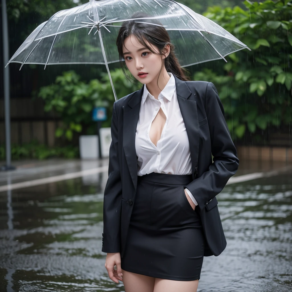 mini skirt、Leg spread、Hair getting wet in the rain、Transparent shirt、Beautiful woman getting wet in the rain、typhoon、Get wet without an umbrella、Beautiful woman in the rain、雨で濡れたBeautyOL、Detailed face、Realistic、beautiful girl、Beauty、Office Lady Uniform、beauty、Skin is transparent、Beautiful woman、Narrow waist、Handsome woman、Tight pants look、suit、Sexy pose、タイトなsuitパンツ、雨で濡れたsuit、Wet naked shirt、See-through shirt、Shot in heavy rain、Naked shirt