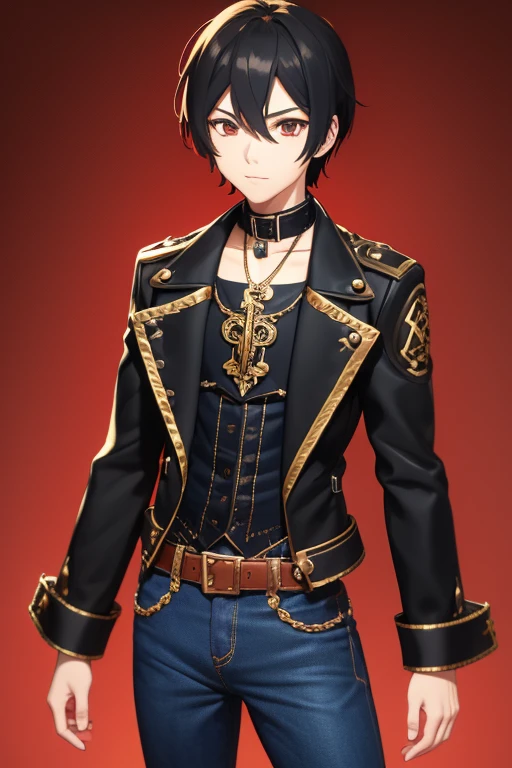 V Flower Vocaloid 16 year old boy Black hair Steampunk with brown eyes Open black jacket Red shirt Blue jeans Gold cross necklace slim muscular build looking directly at viewer on a light red background