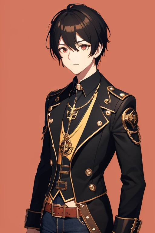 V Flower Vocaloid  boy Black hair Steampunk with brown eyes Open black jacket Red shirt Blue jeans Gold cross necklace slim muscular build looking directly at viewer on a light red background