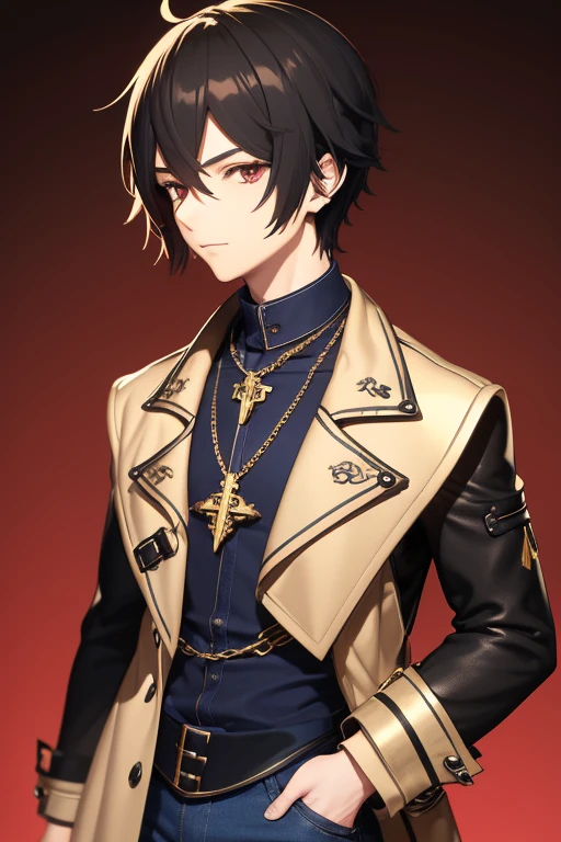 V Flower Vocaloid 16 year old boy Black hair Steampunk with brown eyes Open black jacket Red shirt Blue jeans Gold cross necklace slim muscular build looking directly at viewer on a light red background