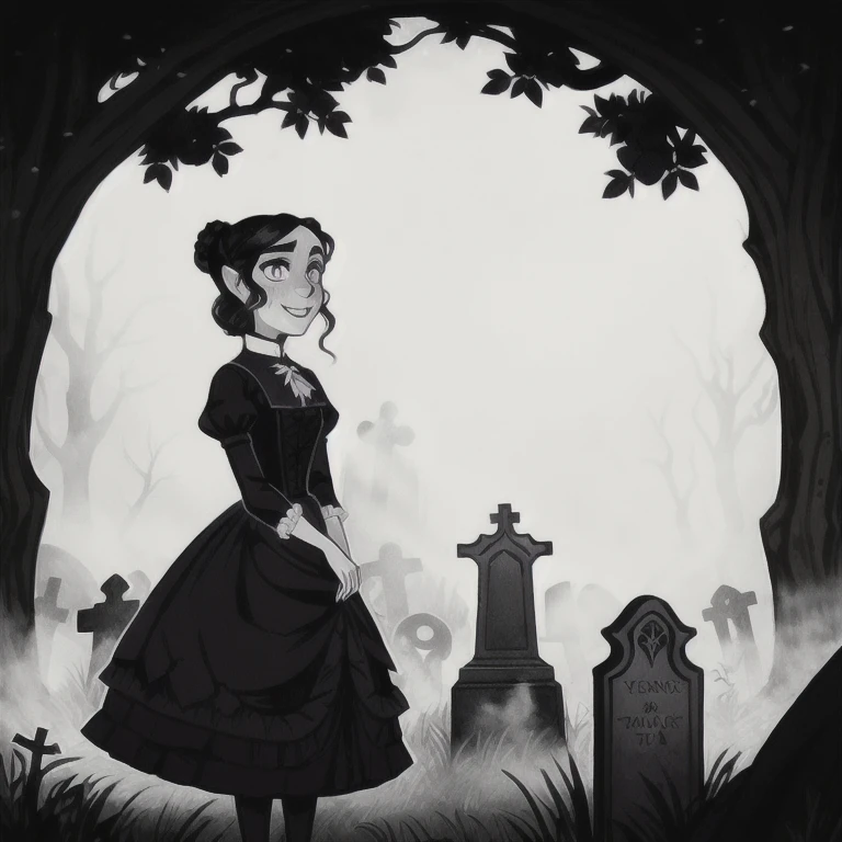 avasdemon, 

a cartoon character,  with black eyes and in a Victorian era dress, she is in a graveyard smiling, in front of her grave with an old tea set. She is looking at the viewer with fog surrounding her 