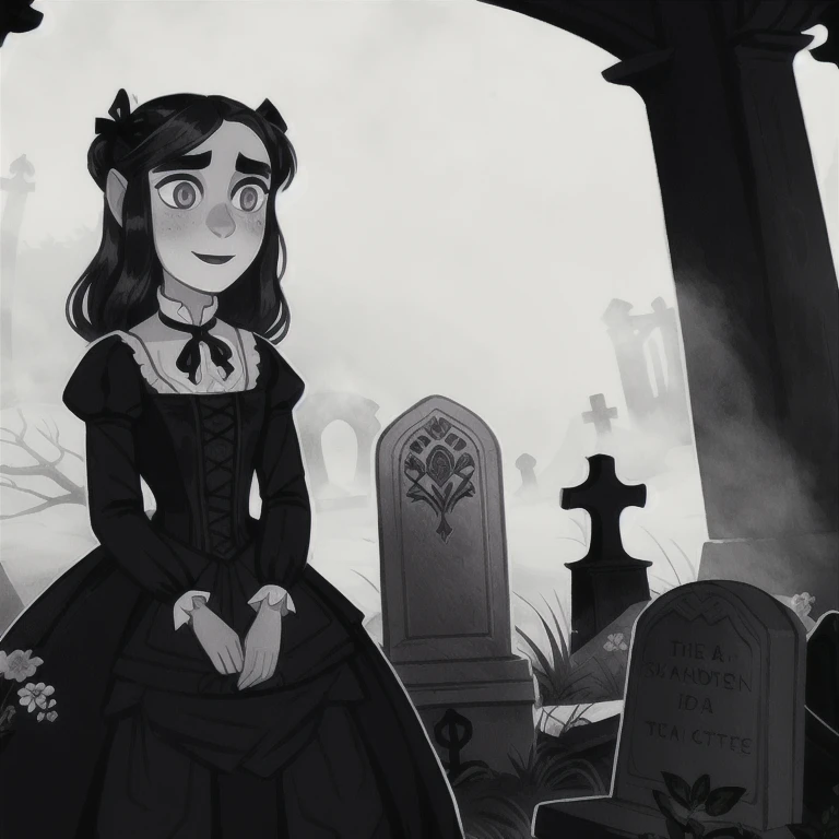 avasdemon, 

a cartoon character,  with black eyes and in a Victorian era dress, she is in a graveyard smiling, in front of her grave with an old tea set. She is looking at the viewer with fog surrounding her 