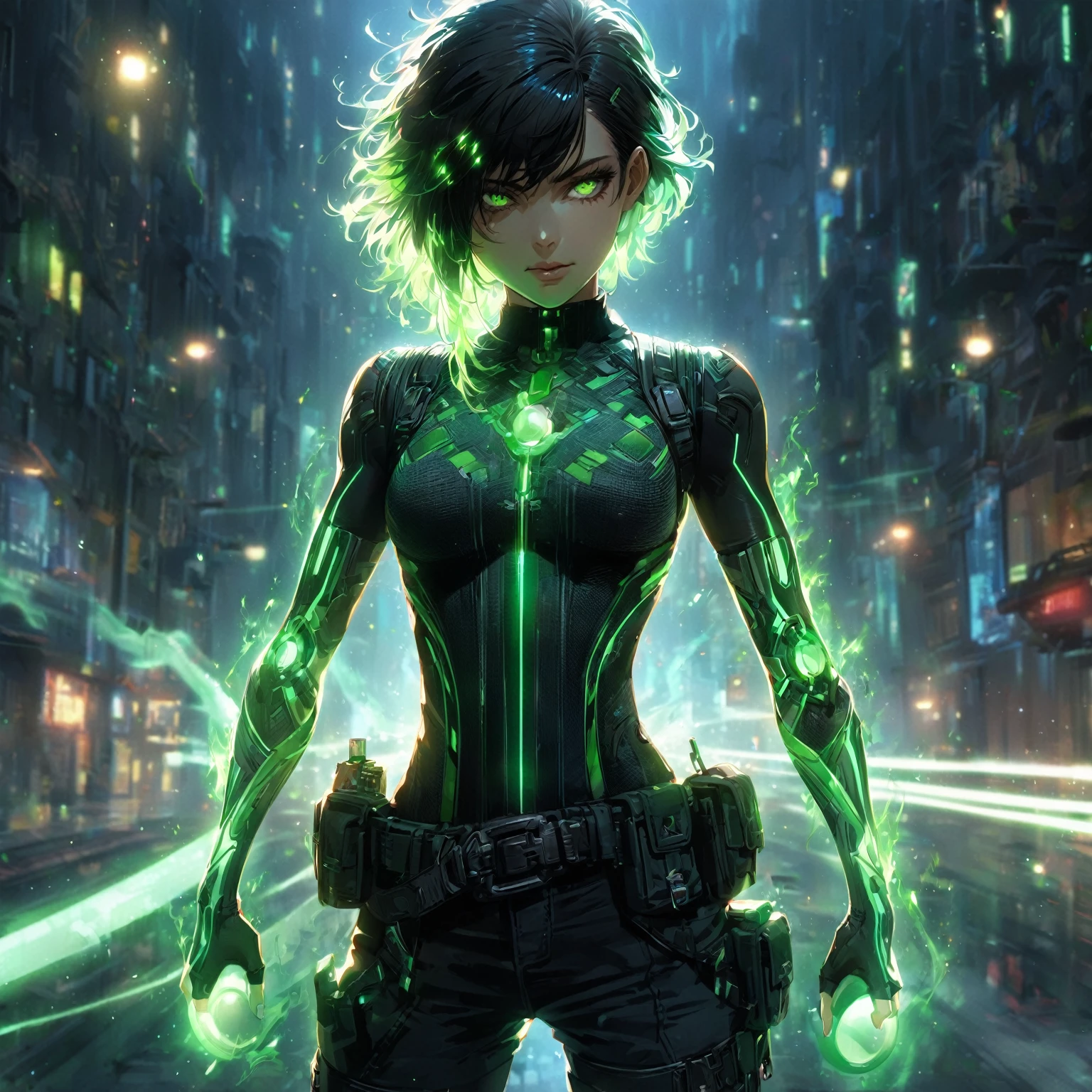 a girl with Slim, athletic build,Short, edgy hair with streaks of neon green,Intense, glowing green eyes,Fitted, (nude:0.9), NSFW, dark top with glowing green circuitry,standing in front of a city,Sleeveless or short-sleeved, showcasing glowing energy patterns on her arms,High-tech harness with energy nodes,Fingerless gloves with energy conduits,Dark, fitted pants with utility pockets,Belt with energy capsules and gadgets,Confident, determined expression,Energetic aura surrounding her hands and body, detailed gorgeous face| anime style| key visual| intricate detail| highly detailed| breathtaking| vibrant| panoramic| cinematic| Carne Griffiths| Conrad Roset| gibbli 8k