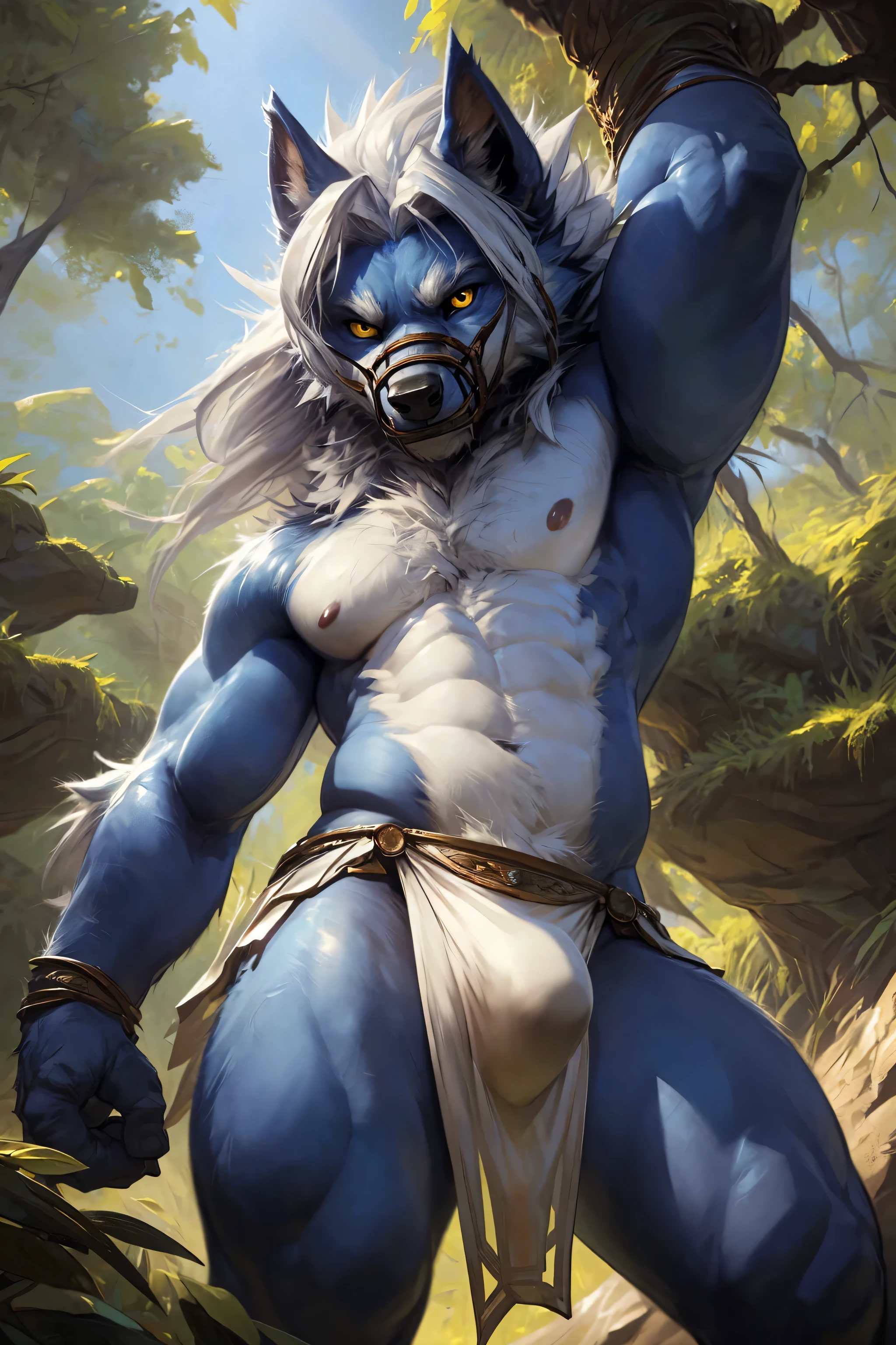 ultra-detailed, masterpiece, masterwork, high quality, best quality, hdr, posted on e621, (by darkgem), (nature), , male, solo, chibi, (blue little body werewolf), werewolf, (long silver hair, yellow eyes, white body, long muzzle), standing, under view, dynamic angle, (, bulge loincloth)