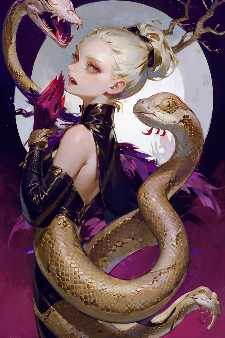 (mutant, Young woman), (dressed),((Snake Man)), the villain, high, full length, very slim, beautiful,  albino, evil queen, arrogant, arrogance,  ponytail hairstyle, claws, fangs, small upturned nose, Beautiful face, scales, high quality ,4k, detailing 