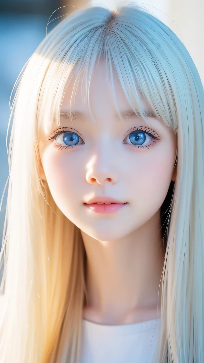 Very beautiful face、Long bangs flowing in front of the face、Beautiful pale light blue eyes hidden by her hair、Very cute beautiful face and very radiant skin、snow-white beautiful skin、very beautiful pale light blue eyes,,,,,,,,,,,、Beautiful very long straight silky pale golden shiny platinum blonde hair、Cute 14 year old very beautiful woman、Round face、Such a cute little face、Bright expression、Big eyes and well-defined double eyelids、eyeliner、