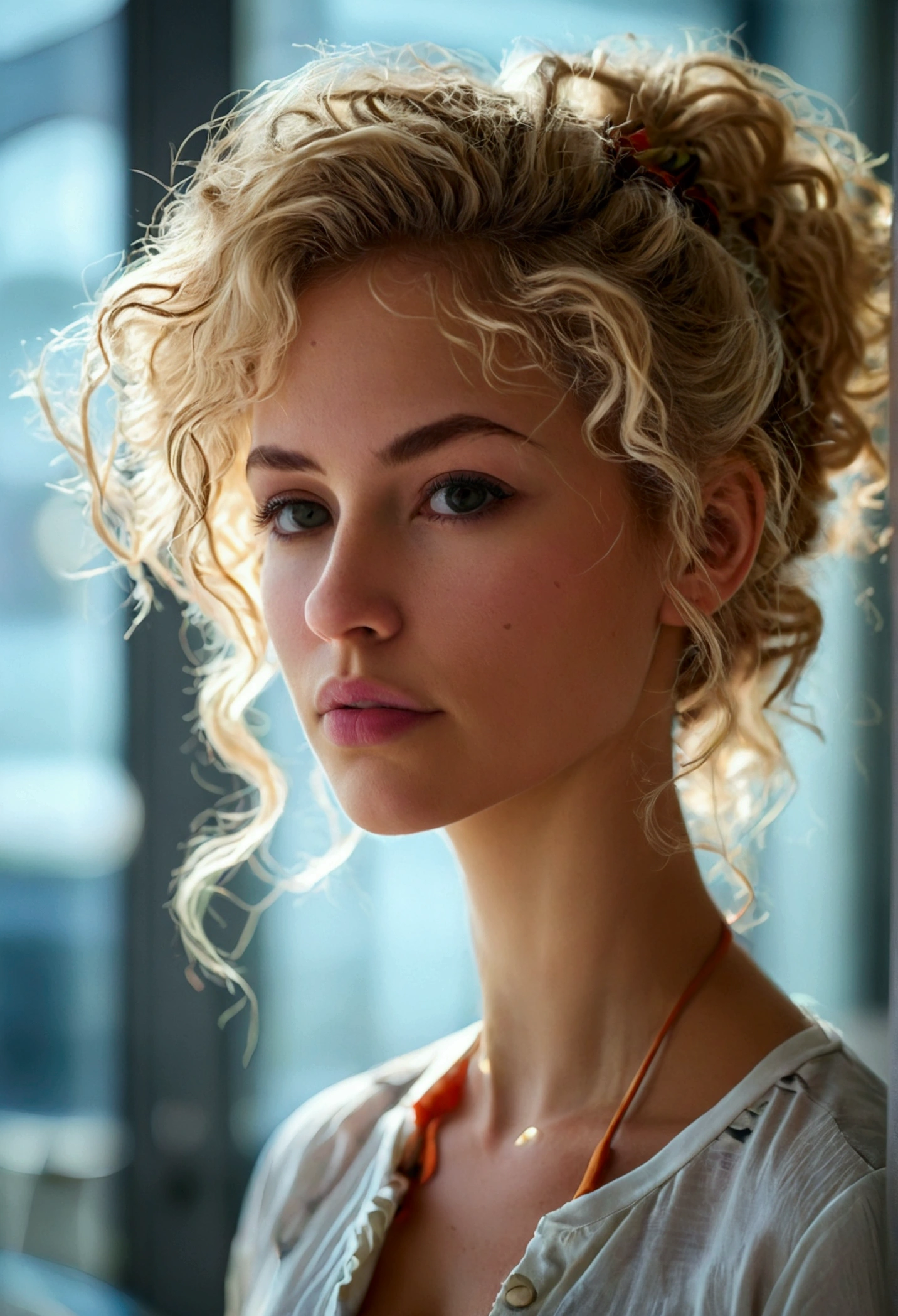 a female, north american, adult, curvy body, frizzy blonde hair, wearing casual clothes, office in the background.