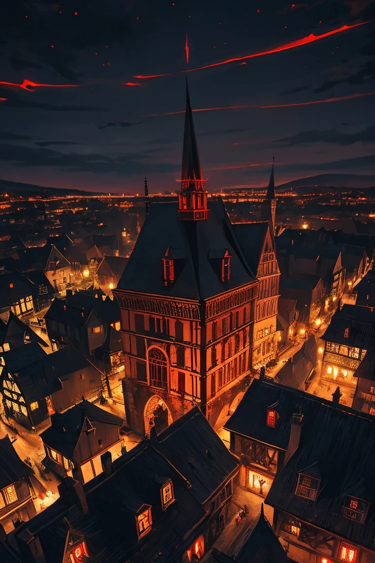 old European village shot with bird view, (Red glowing eyes), masterpiece, Depth of written boundary, Lutz, Gwaites style artwork, Gothic aesthetics, Dark Vampire village, ((in the dark gothic style cathle:1)), ((dark mid-night time:1.5)),