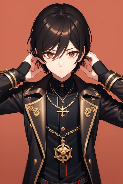 V Flower Vocaloid 16 year old boy Black hair Steampunk with brown eyes Open black jacket Red shirt Blue jeans Gold cross necklace slim muscular build looking directly at viewer on a light red background