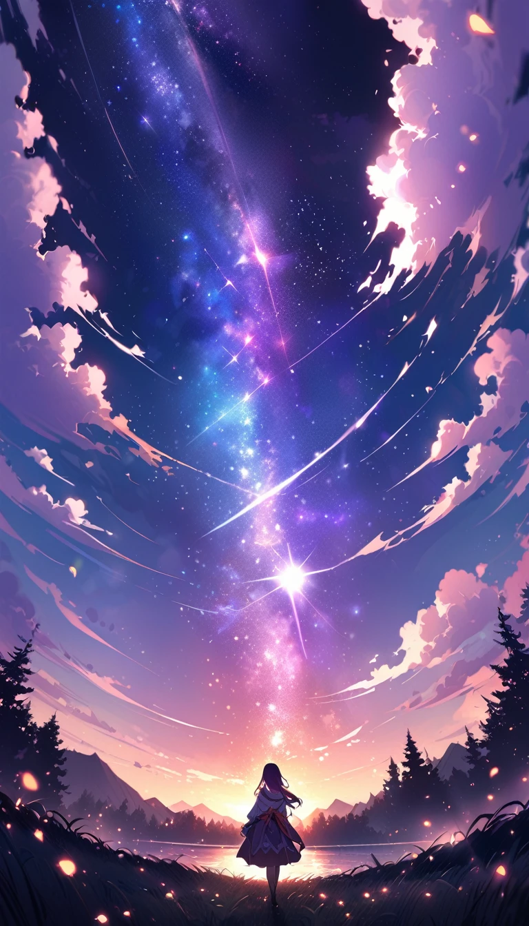 A landscape with a fantastic purple sky。The entire sky is dyed a deep purple、Within it, countless bands of light and particles beautifully decorate it.。The band of light、Crossing the sky like a galaxy、Shining Star々and shooting stars are scattered。The particles are fine and sparkling、It looks like countless fireflies dancing in the night sky.。The light in the sky flickers faintly、Gives the viewer a sense of mystery。As we approach the horizon、Purple tones gradate into pink and orange、The boundary between the sunset and the night sky blends beautifully.。Silhouette mountain in the background々And the forest spreads、The glow of the sky illuminates them faintly.。The wind blows gently、A comfortable silence surrounds the area.、This fantastic and magnificent landscape unfolds。