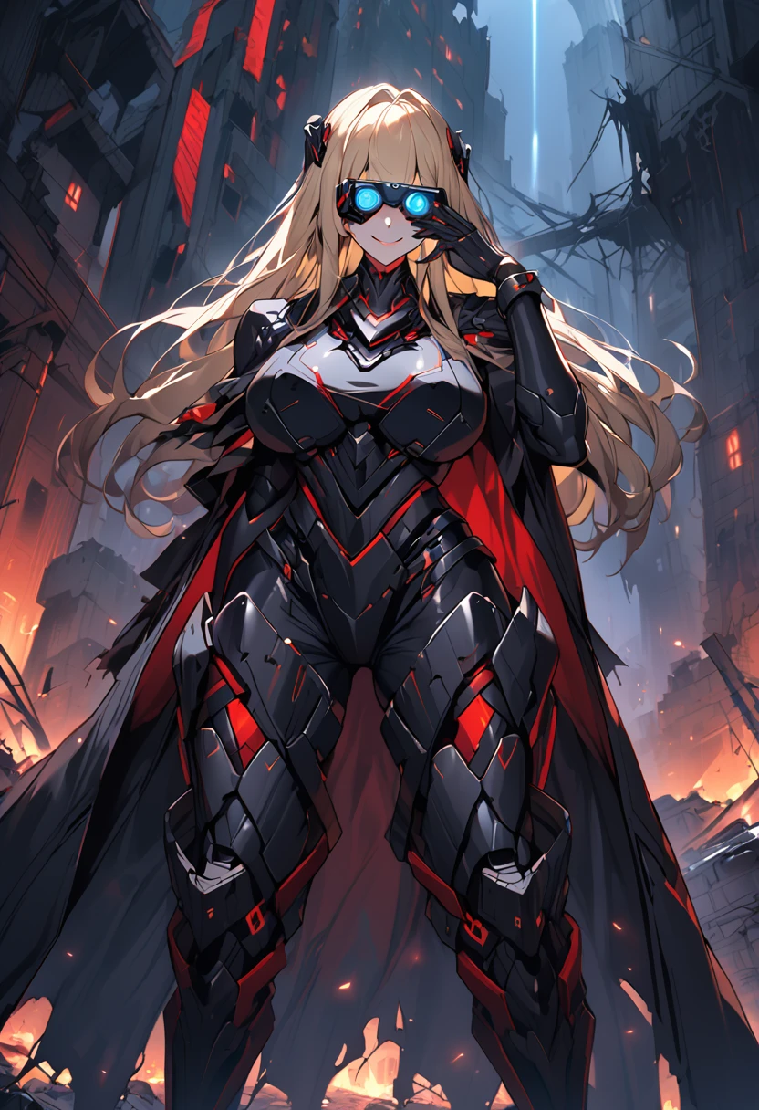solo, female, huge woman, extremely tall woman, blue eyes, blonde, long hair, black uniform, ((black armor)), black cape, gold trim, red trim, muscular, ruins, smile, one hand on face, yandere pose, baggy breeches, broad shoulders, night, looking at viewer, futuristic, head-mounted display, night combat, assault rifle, camouflage