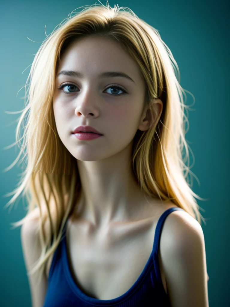 (Photo Real:1.4), (hyper realisitic:1.4), (Smooth lighting:1.05), 1 girl, 16yo teenager, blue eyes, happy, shy, , (looking away:1.2), , Soft lighting, Back lighting, (Finest Real Textured Skins), fine face, glowy skin, retinas, Anatomically correct, (Blond Wavy medium hair:1.1), Textured skin, High quality, high details, Best Quality, High resolution, tanktop ,