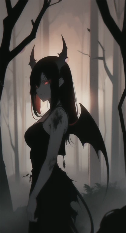 Foggy Forest, ancient female creature, demonic silhouette, fairy shadow figure, red eyes, eyes in the fog, rotting, looking dead, torn wings,