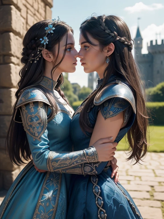 (masterpiece, best quality, the most important work), (extremely intricate:1.3), (realistic), (two gorgeous and stunning girls are deeply in love with each other, hug from behind:1.3), 1, Caucasian, green eyes, perfect eyes, perfect iris, perfect pupils, perfect lips, perfect nose, perfect hands, very detailed hands, perfect fingers, black hair, short hair, straight hair, small braid in her hair, (medieval armor), metal reflections, (((white armor,))) outdoors, far away castle, (ornately decorated armor), (insanely detailed, bloom:1.5), chainmail, intense sunlight, professional photograph of a stunning woman detailed, sharp focus,  award winning, cinematic lighting, blurry background, upper body, ((confident)), (Pose:looking at the camera)