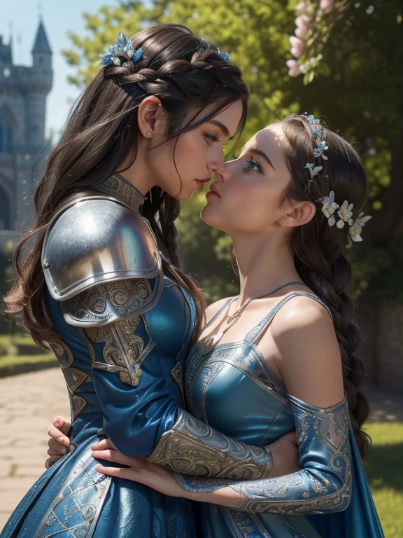 (masterpiece, best quality),(extremely complicated:1.3), (realisti), (two beautiful and stunning girls are deeply in love with each other, kiss:1.3), 18 year old, Caucasian, green eyes, perfect eyes, perfect iris, perfect students, perfect lips,perfect nose, perfect hands, very detailed hands, perfect fingers, black hair, shorth hair, slick hair, small braid in hair, (medieval armor turns into a dress), Metal reflections, (((blue dress,))) outside, distant castle, (richly decorated armor), (insanely detailed, bloom:1.5), chainmail, intense sunlight, Professional photo of a stunning woman detailed, keen focus, Award-winning, cinematic lighting, blurred background, upper body, ((confident)), (Pose:look into the camera)