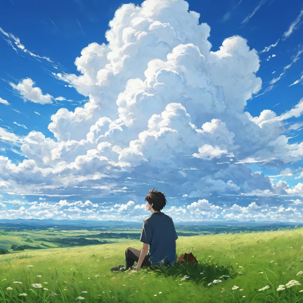 anime, anime landscape, beautiful hair, boyfridend girlfrien sweet, looking at clouds, in a grassland, creative, realist, white clouds, blue sky, landscape amazing, guy looking away from camera, wide photo