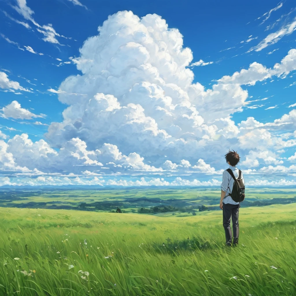 anime, anime landscape, beautiful hair, boyfridend girlfrien sweet, looking at clouds, in a grassland, creative, realist, white clouds, blue sky, landscape amazing, guy looking away from camera, wide photo